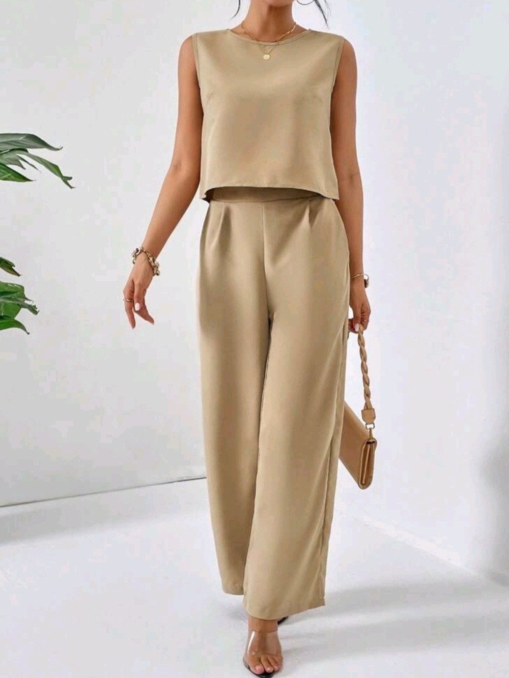 SHEIN Beige Sleeveless Crop Top & Wide-Leg Pants Set